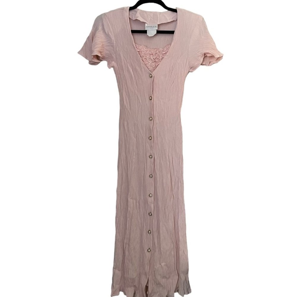 Vintage button down pink romantic flutter sleeve midi dress size 4